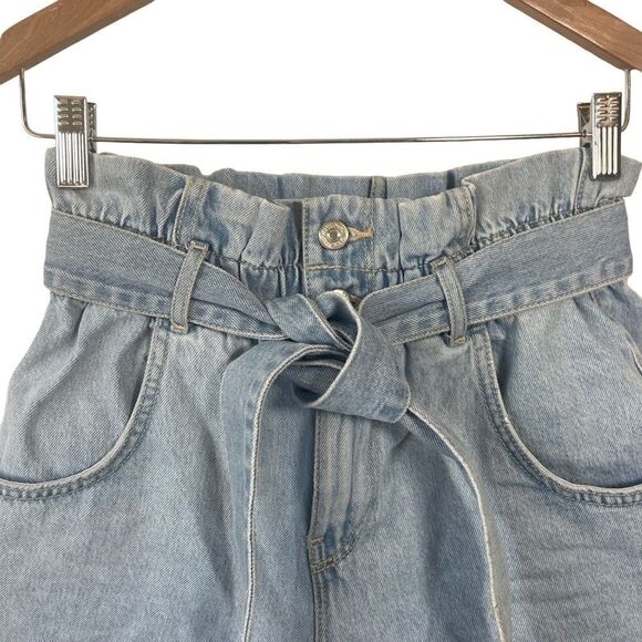 Zara Denim Paper Bag Self Tie Waist High Rise Cuffed Shorts Sz 4 - Picture 7 of 8